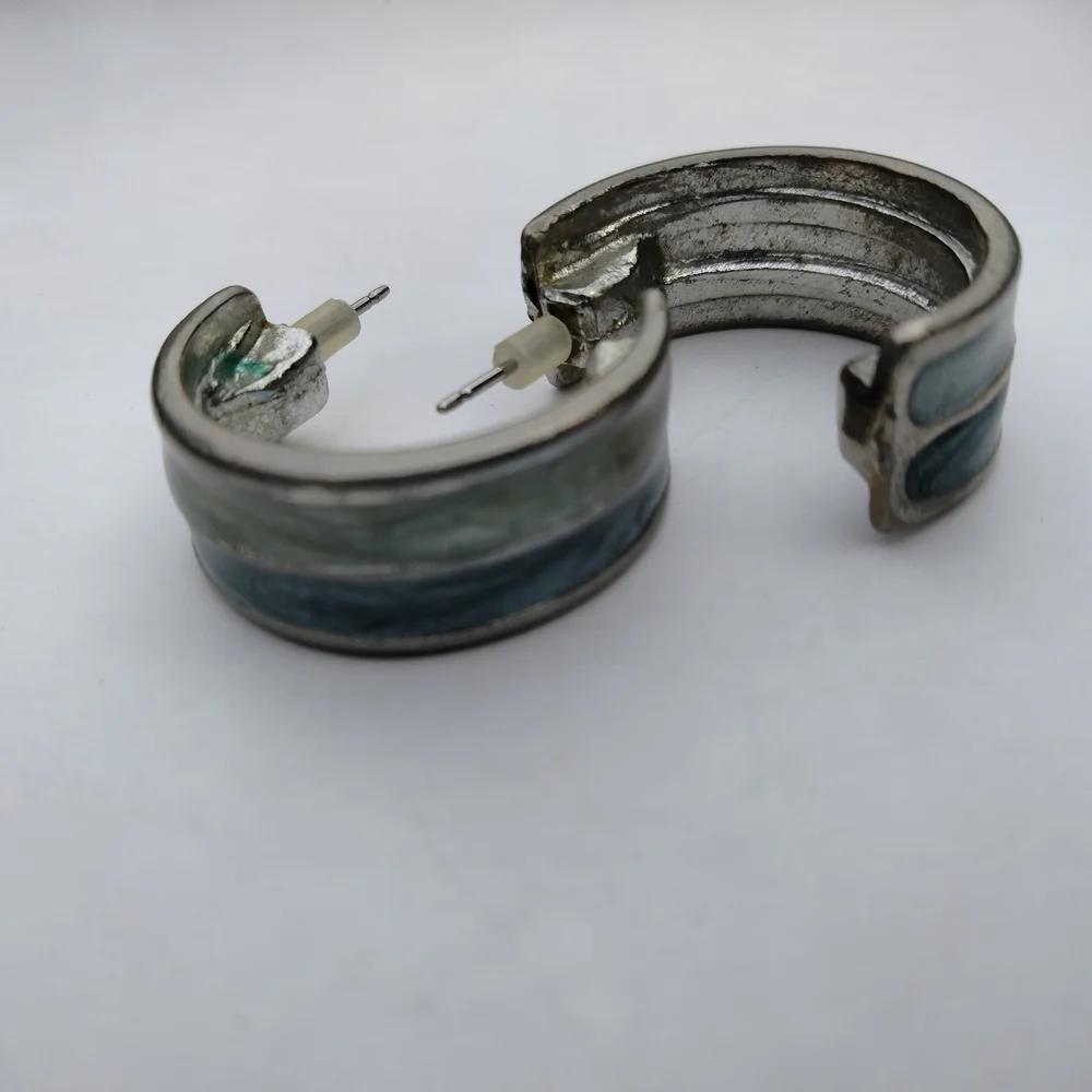 Vintage Green Enameled Half Hoop Earrings Pierced Silver Tone
